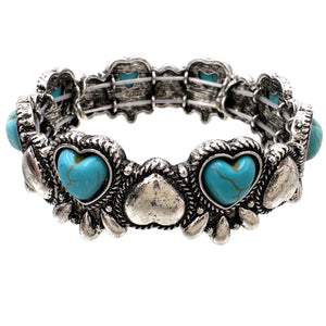 Crystal Turquoise Navajo Heart Silver Stretch Bracelet