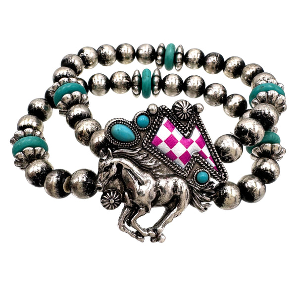 Checkered Print Western Lightning Bolt Horse Bead Bracelet