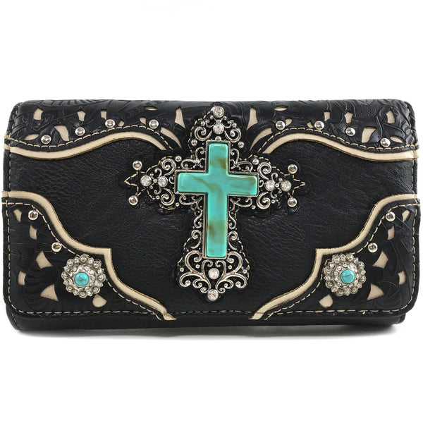 Turquoise Cross Pu Leather Western Crossbody Wallet