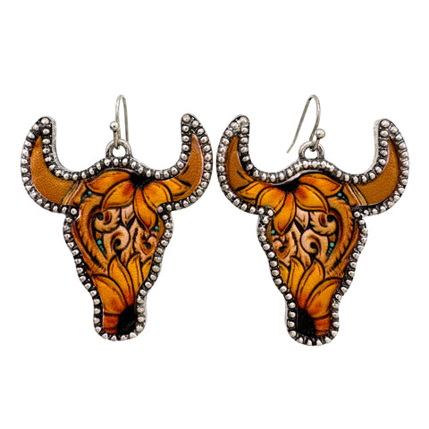 Tooled Leather Longhorn Metal Earrings