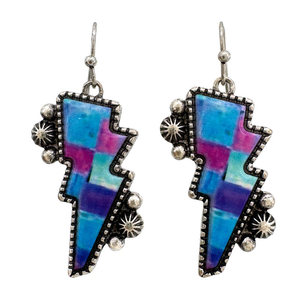 Checkered Print Western Lightning Bolt Earrings