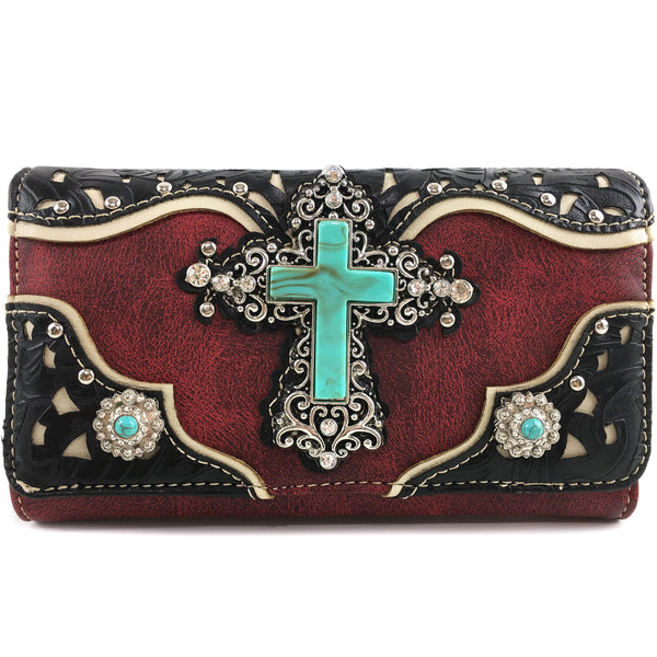 Turquoise Cross Pu Leather Western Crossbody Wallet