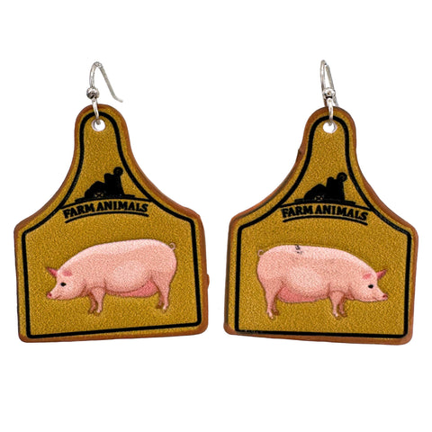 Pig Leather Cow Tag Farm Animal Earrings