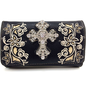 Rhinestone Cross Women Floral Embroidery Crossbody Wallet