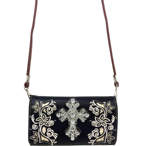 Rhinestone Cross Women Floral Embroidery Crossbody Wallet