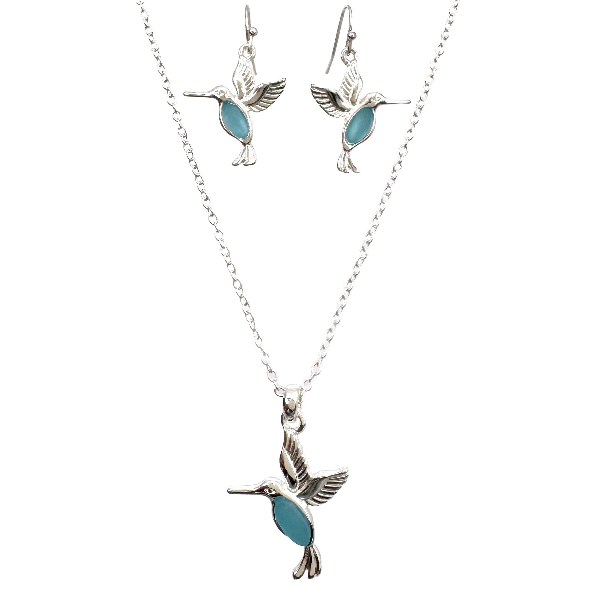 Hummingbird Sea Glass Necklace Earrings Set