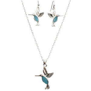 Hummingbird Sea Glass Necklace Earrings Set