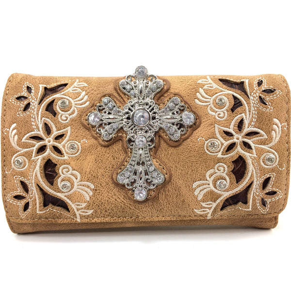 Rhinestone Cross Women Floral Embroidery Crossbody Wallet