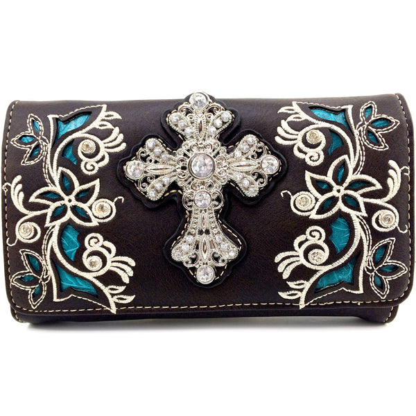 Rhinestone Cross Women Floral Embroidery Crossbody Wallet