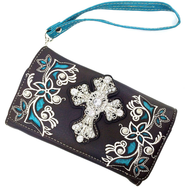 Rhinestone Cross Women Floral Embroidery Crossbody Wallet