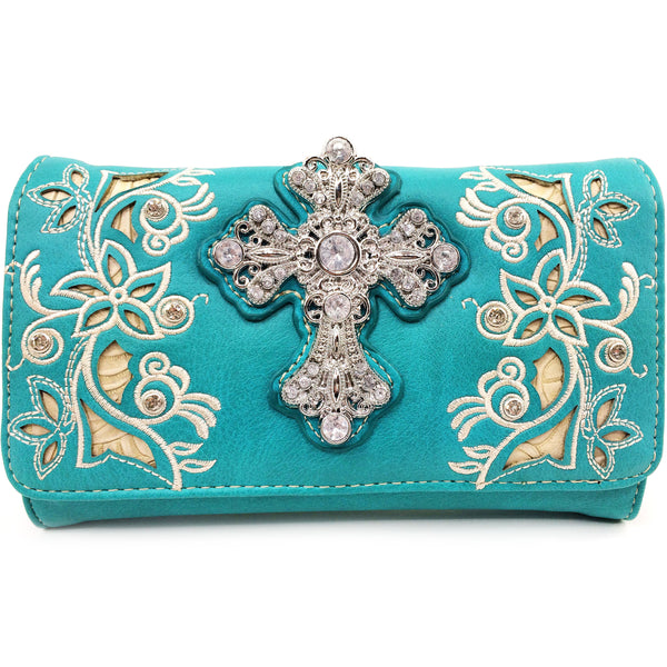 Rhinestone Cross Women Floral Embroidery Crossbody Wallet