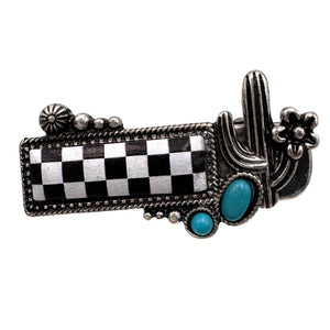 Checkered Print Western Cactus Flower Small Hair Clip