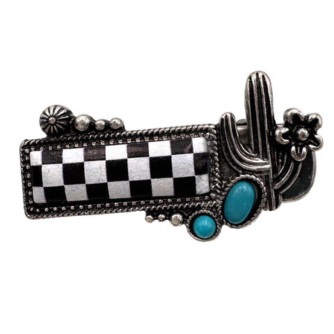 Checkered Print Western Cactus Flower Small Hair Clip