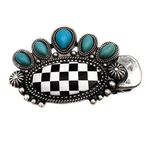 Checkered Print Western Teardrop Flower Small Hair Clip