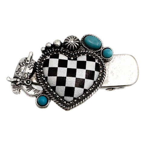 Checkered Print Western Heart Small Hair Clip