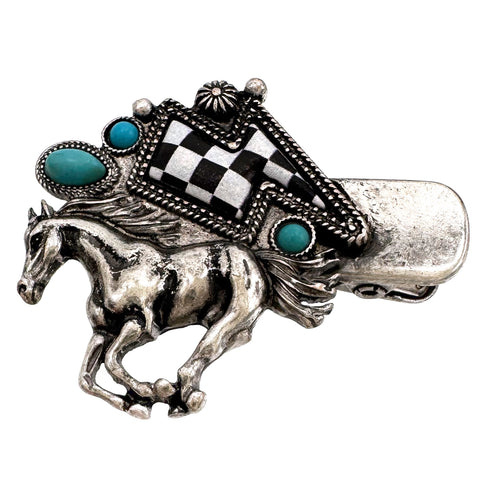 Checkered Print Western Lightning Bolt Horse Small Hair Clip