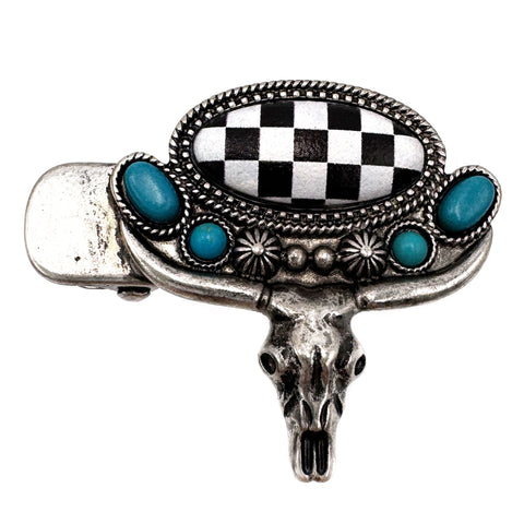 Checkered Print Western Oval Longhorn Small Hair Clip