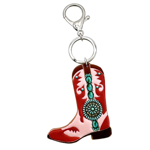 Tooled Leather Pink Boots Key Chain
