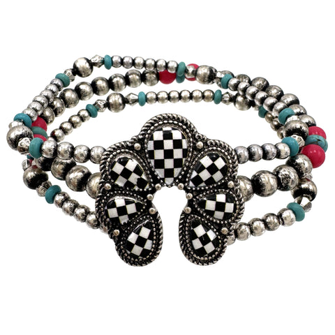 Checkered Print Western Squash Blossom Bead Bracelet