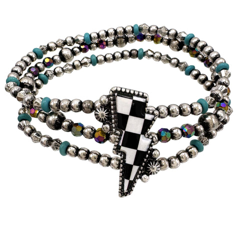 Checkered Print Western Lightning Bolt Bead Bracelet