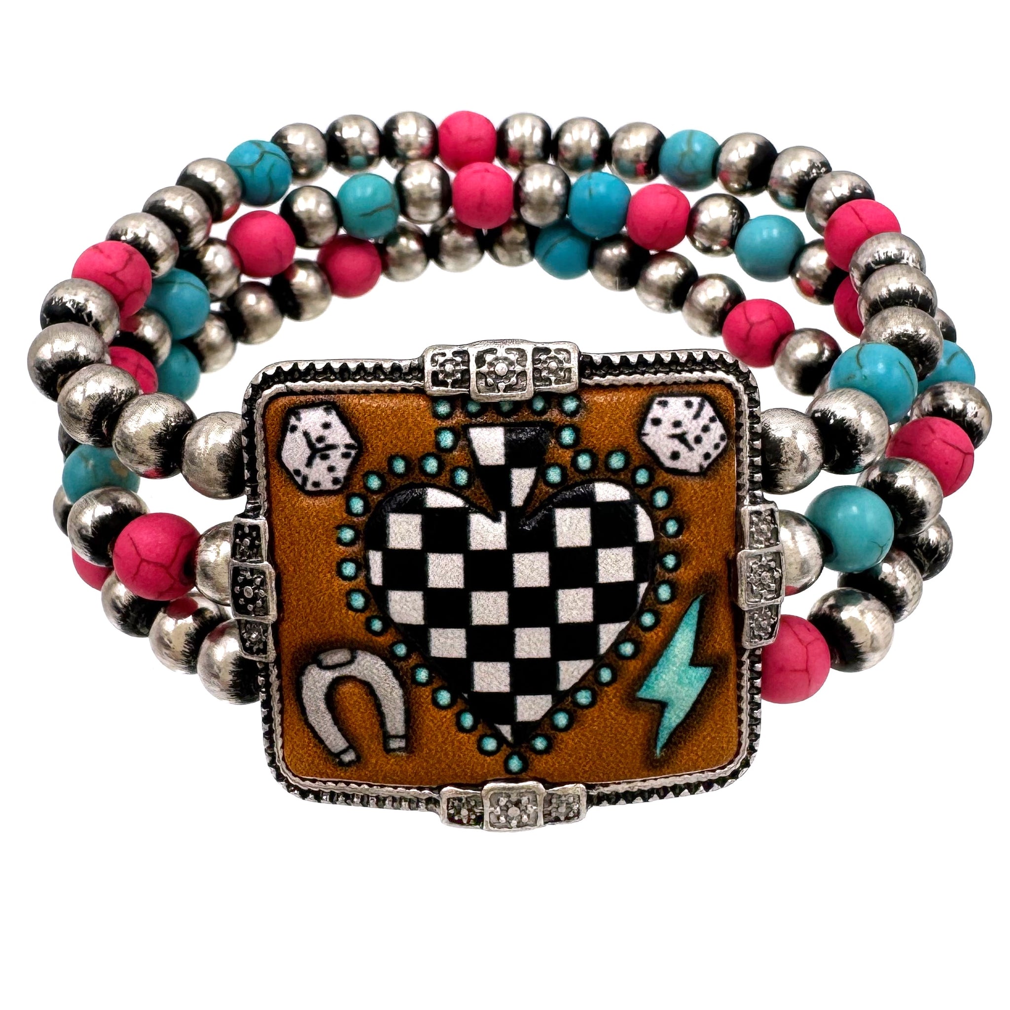 Tooled Leather Checkered Heart Dice Western Stretch Bracelet