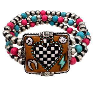 Tooled Leather Checkered Heart Dice Western Stretch Bracelet