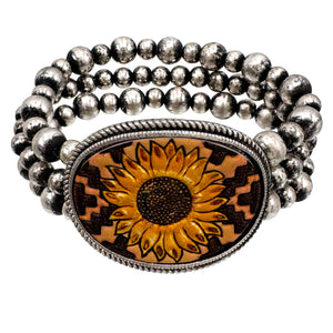 Tooled Leather Western Sunflower Stretch Bracelet