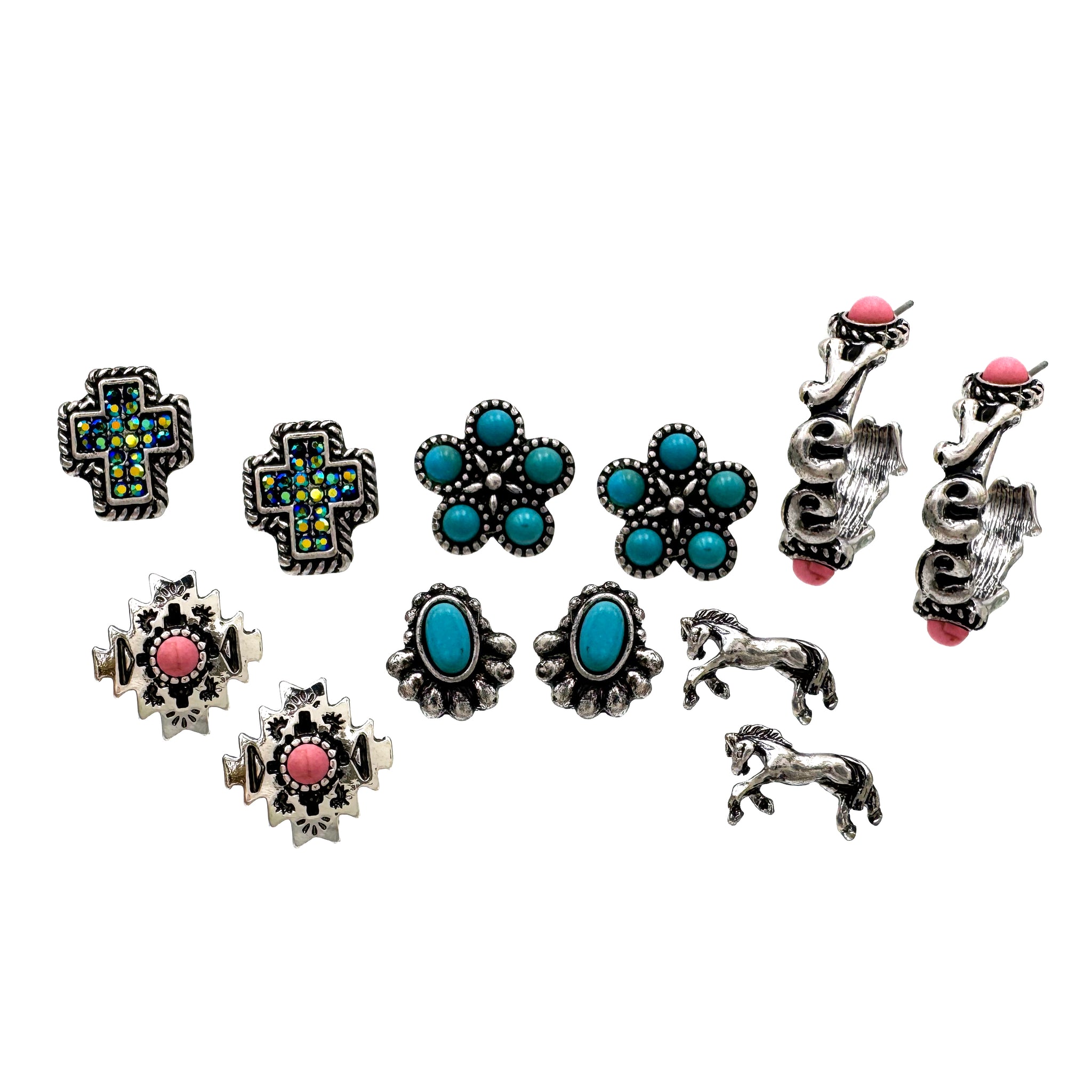 Turquoise and Pink Horse Western 6 Piece Earrings