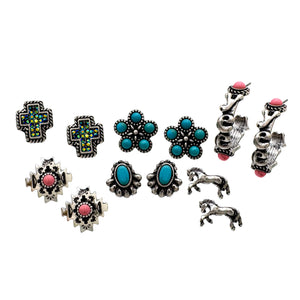 Turquoise and Pink Horse Western 6 Piece Earrings