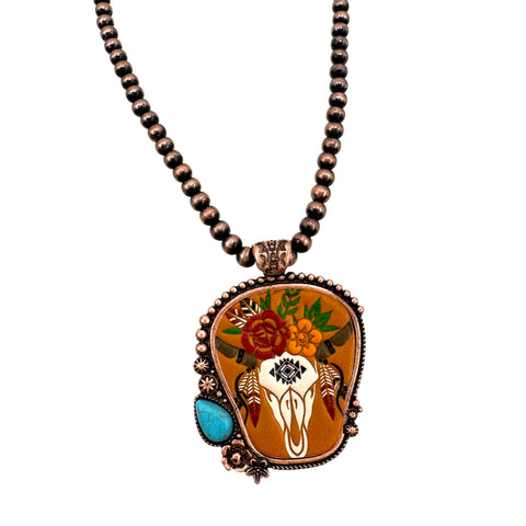 Western Longhorn Skull Leather Carved Bead Necklace