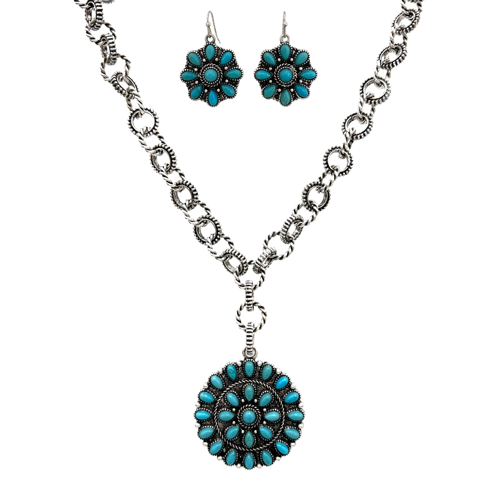 Turquoise Flower Concho Metal Chain Necklace Set