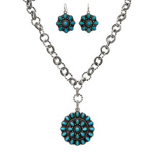 Turquoise Flower Concho Metal Chain Necklace Set