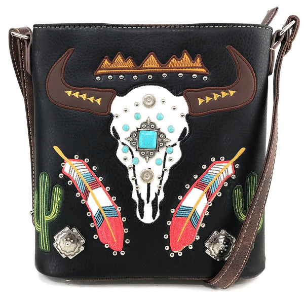 Longhorn Feather Cactus Embroidery Messenger Purse