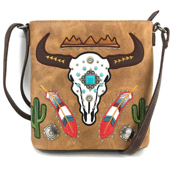 Longhorn Feather Cactus Embroidery Messenger Purse