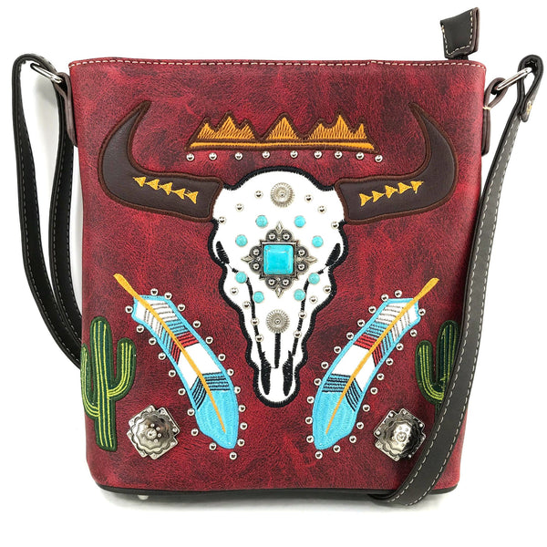 Longhorn Feather Cactus Embroidery Messenger Purse