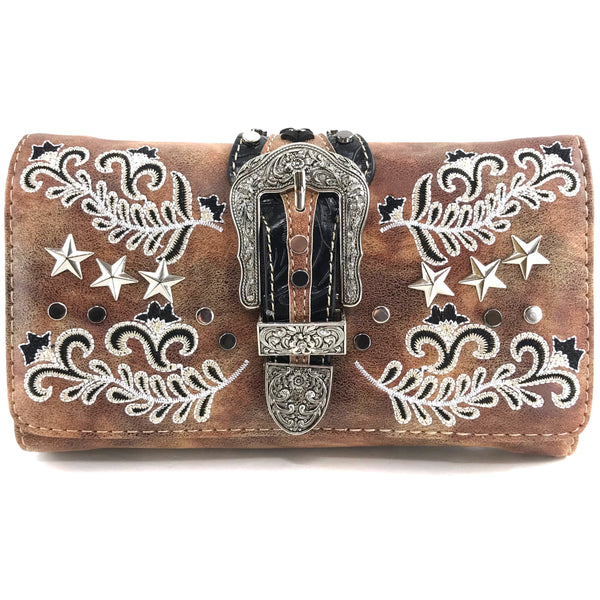 Stars with Floral Embroidery Buckle Crossbody Wallet