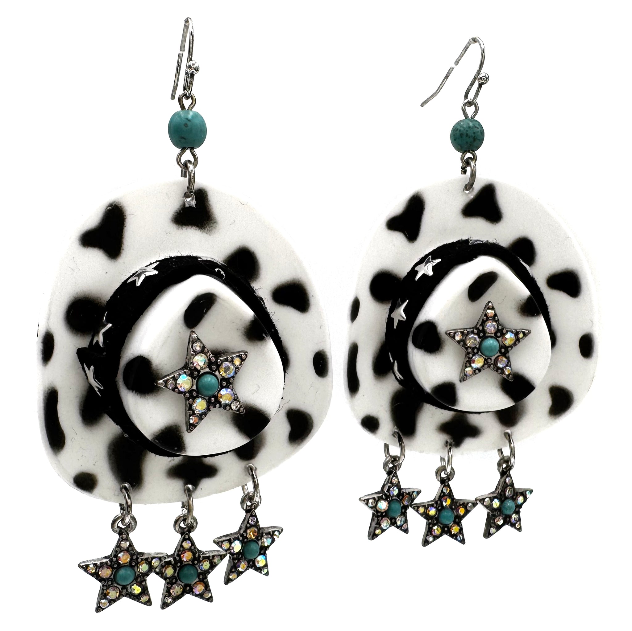 Cow Print Spotted Western Hat with Stars Large Costume Earrings