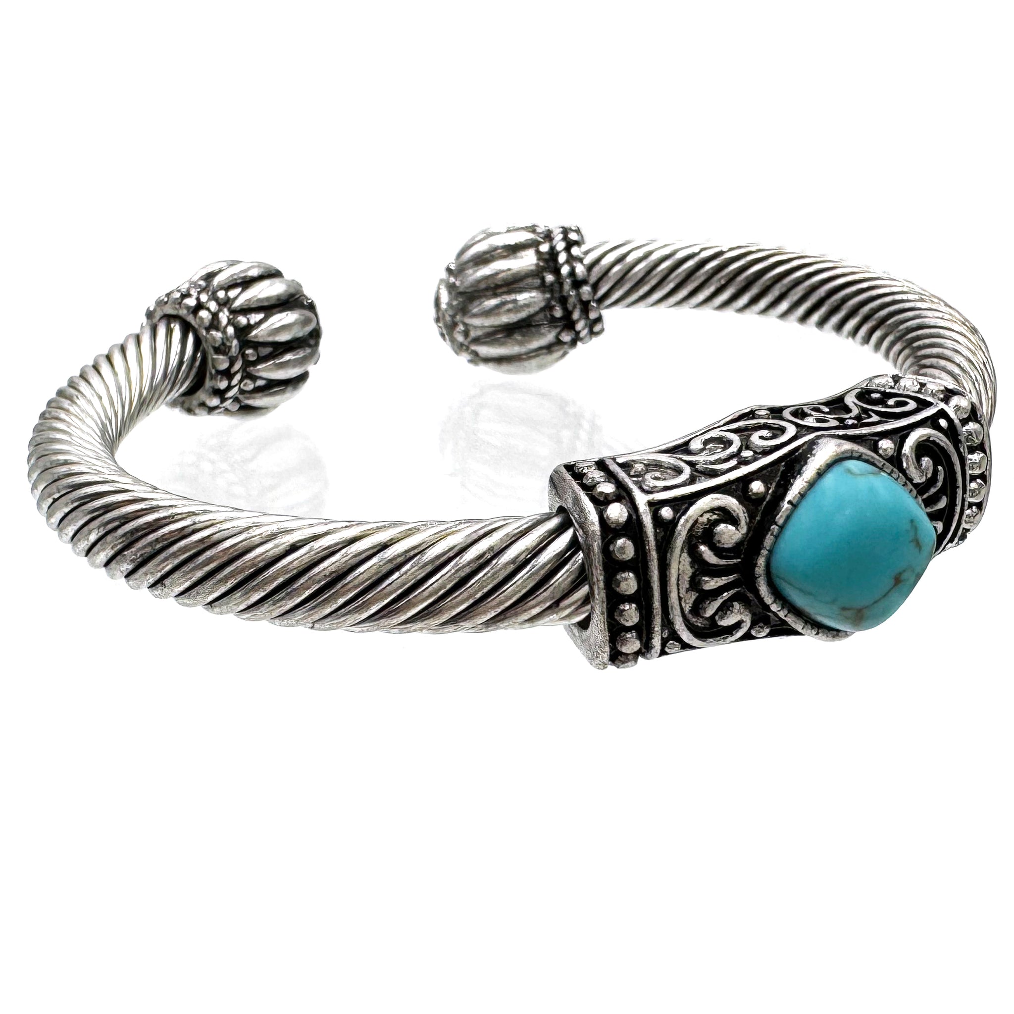 Western Silver Rope Turquoise Stone Bangle