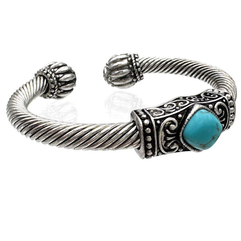 Western Silver Rope Turquoise Stone Bangle