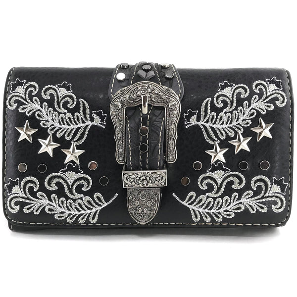 Stars with Floral Embroidery Buckle Crossbody Wallet