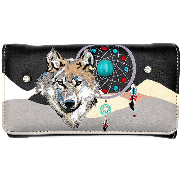 Wolf Tribal Dream Catcher Crossbody Wristlet Wallet