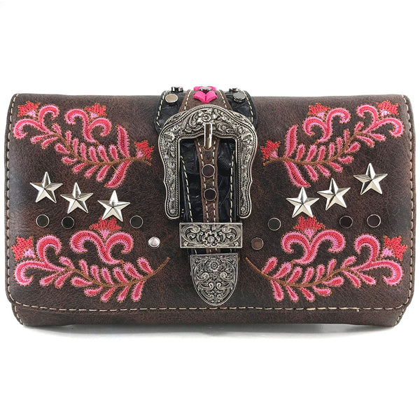 Stars with Floral Embroidery Buckle Crossbody Wallet