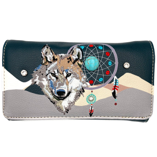 Wolf Tribal Dream Catcher Crossbody Wristlet Wallet