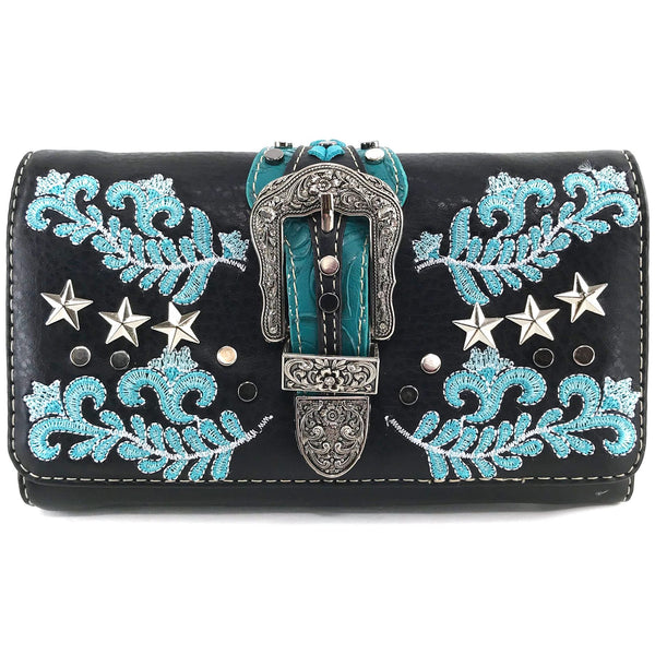 Stars with Floral Embroidery Buckle Crossbody Wallet