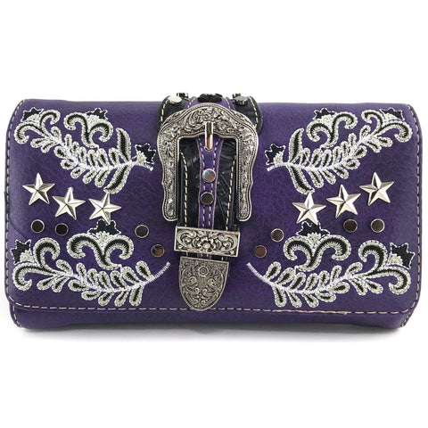 Stars with Floral Embroidery Buckle Crossbody Wallet