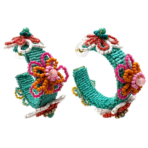 Spring Summer Flower Seed Bead C Hoop Earrings