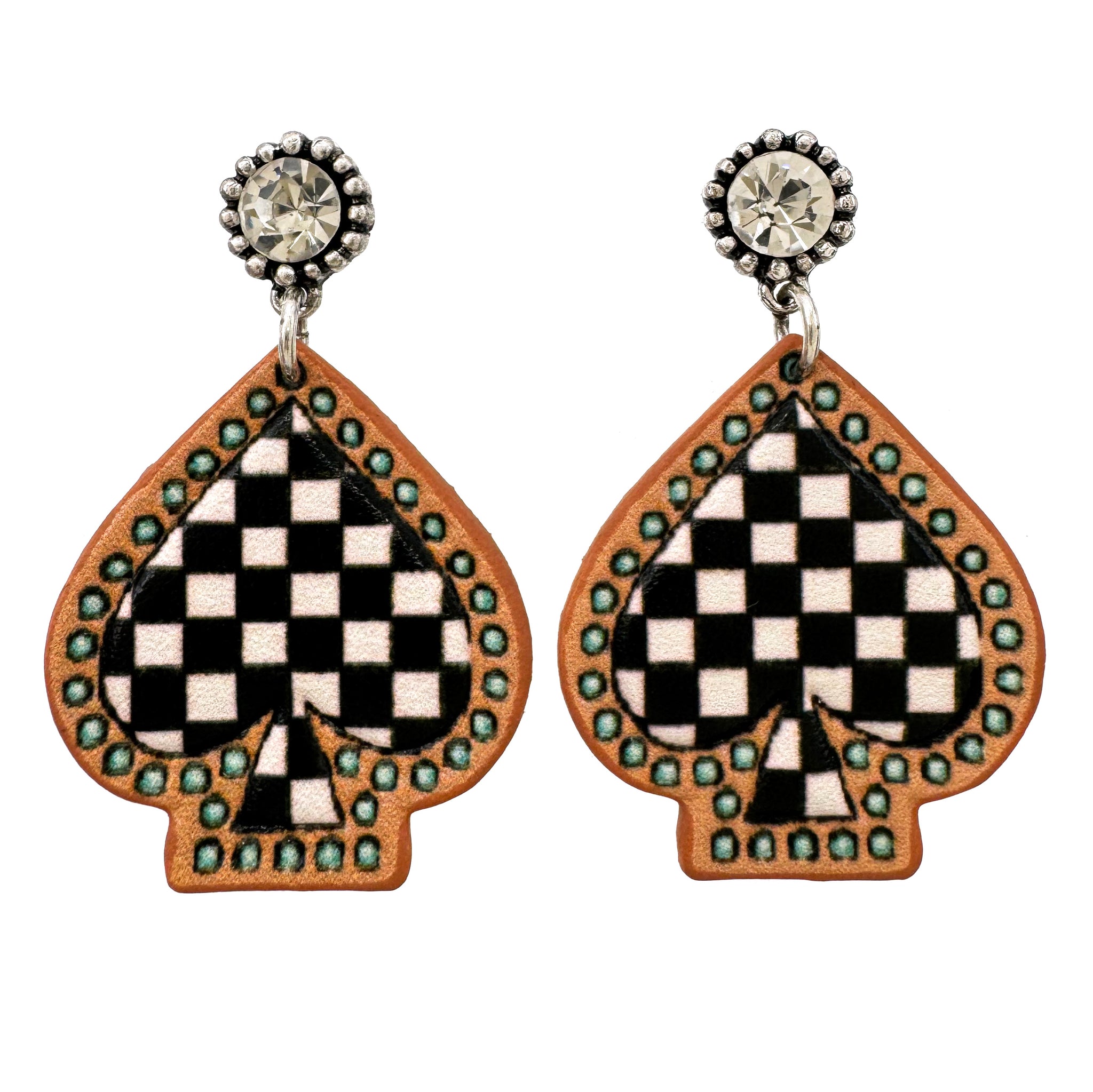 Leather Checkered Poker Spades Earrings