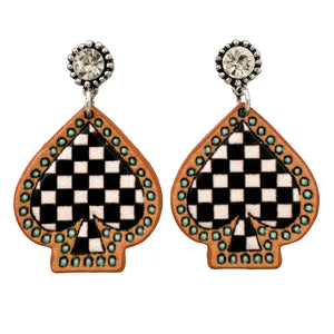 Leather Checkered Poker Spades Earrings