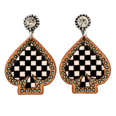 Leather Checkered Poker Spades Earrings