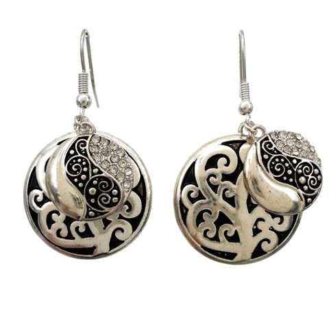 Silver Filigree Rhinestone Circle Duo Earring